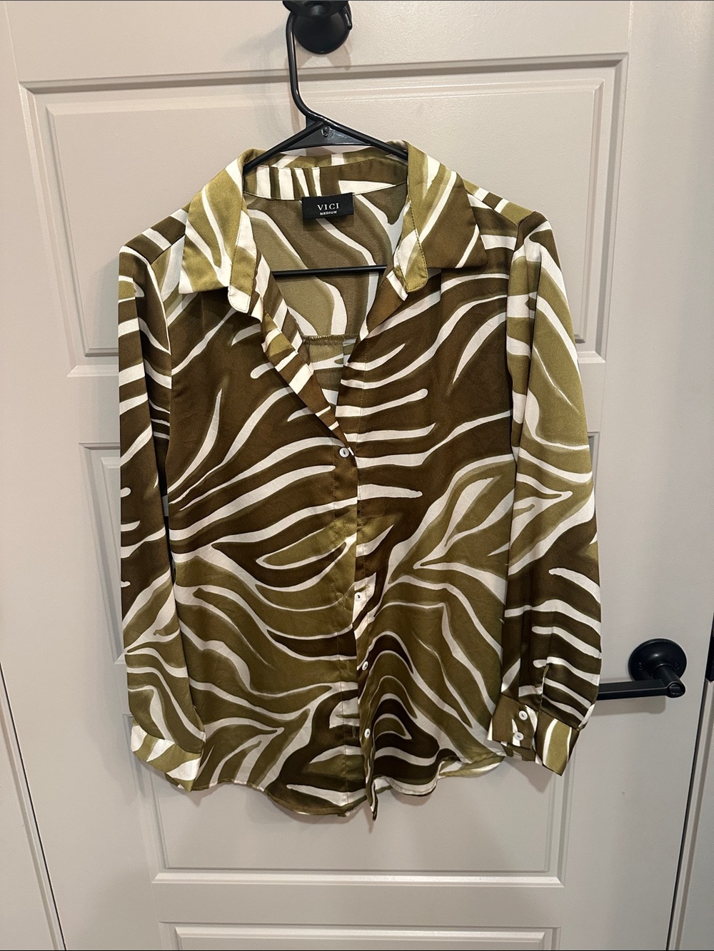 VICI Olive and White Animal-Print Button Down Shirt